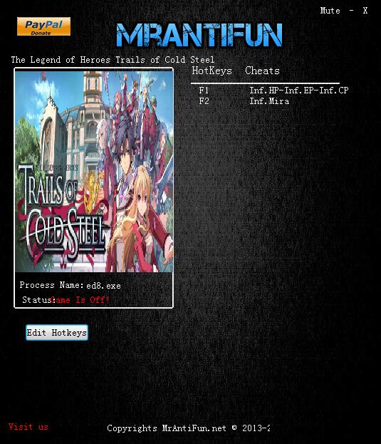 英雄傳說閃之軌跡四項修改器是由MrAntiFun制作并分享的同名游戲輔助工具，英雄傳說閃之軌跡修改器具備無限HP,EP,CP,Mira(金錢)這四項修改器功能，能夠幫助用戶更好的體驗游戲。