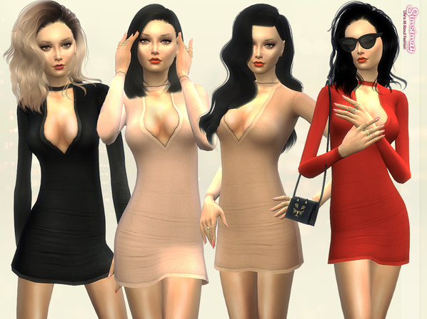 模擬人生4低胸V領(lǐng)束帶單色氣質(zhì)夜店迷你裙MOD下載